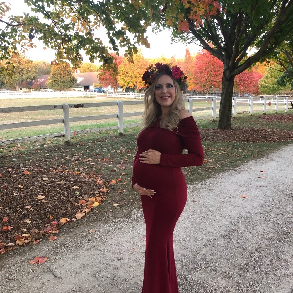 Glampunch Off Shoulder Maternity Dress Fall Photoshoot Mermaid Ruched Gown Sz S - Picture 3 of 11